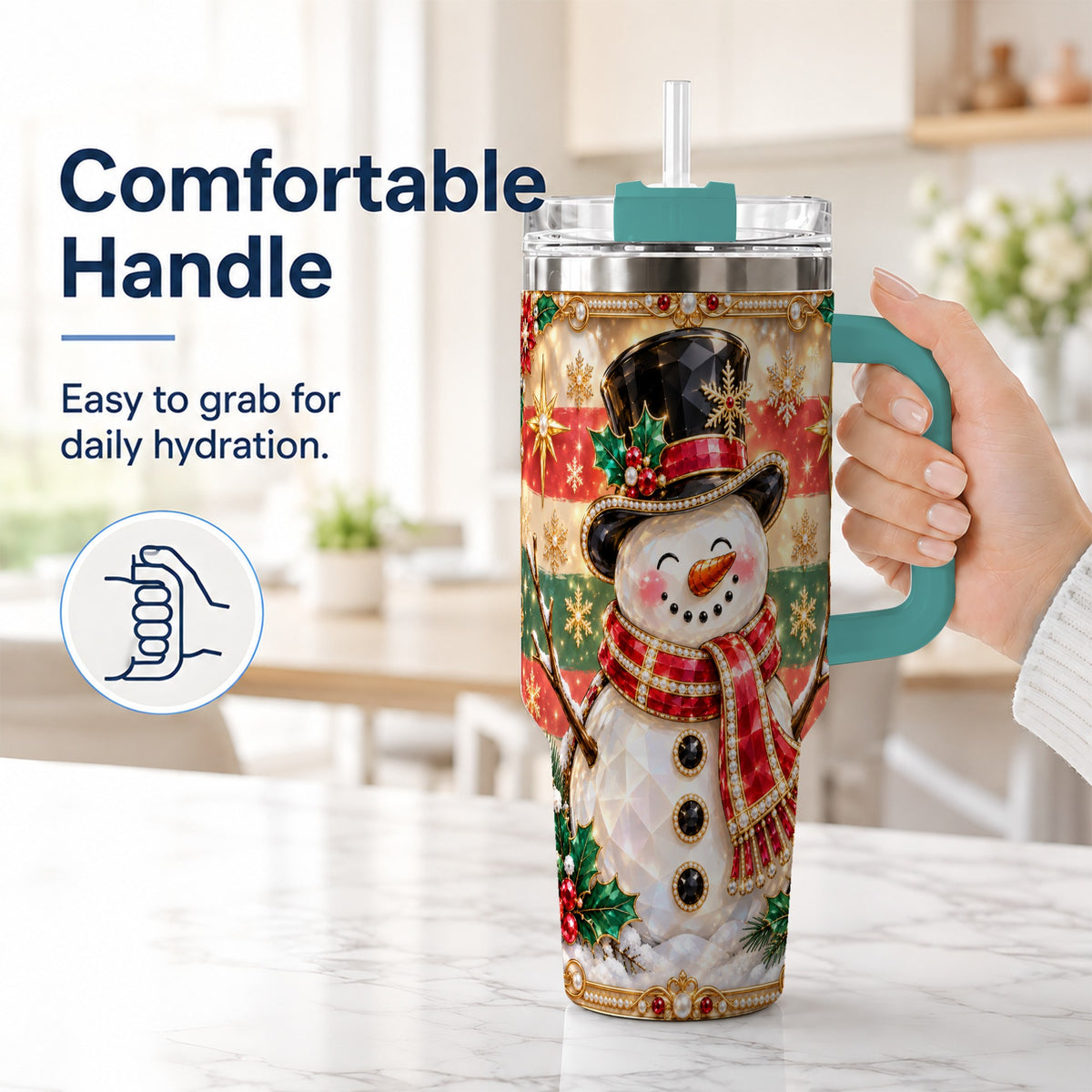 #pl[40oz|Green] Top Hat Snowman 40oz Tumbler with Handle, Winter Stainless Steel Cup