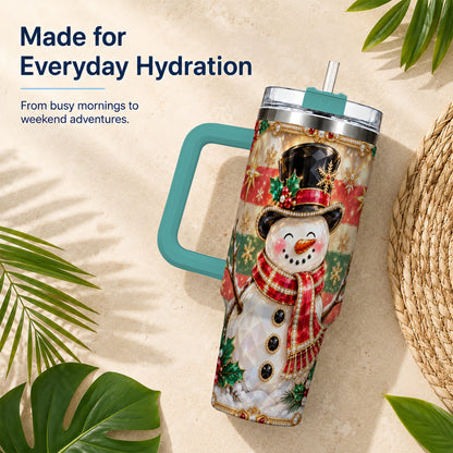 #pl[40oz|Green] Top Hat Snowman 40oz Tumbler with Handle, Winter Stainless Steel Cup