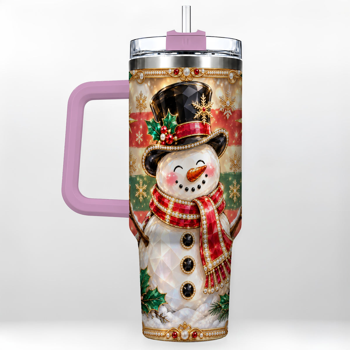 #pl[40oz|Pink] Top Hat Snowman 40oz Tumbler with Handle, Winter Stainless Steel Cup
