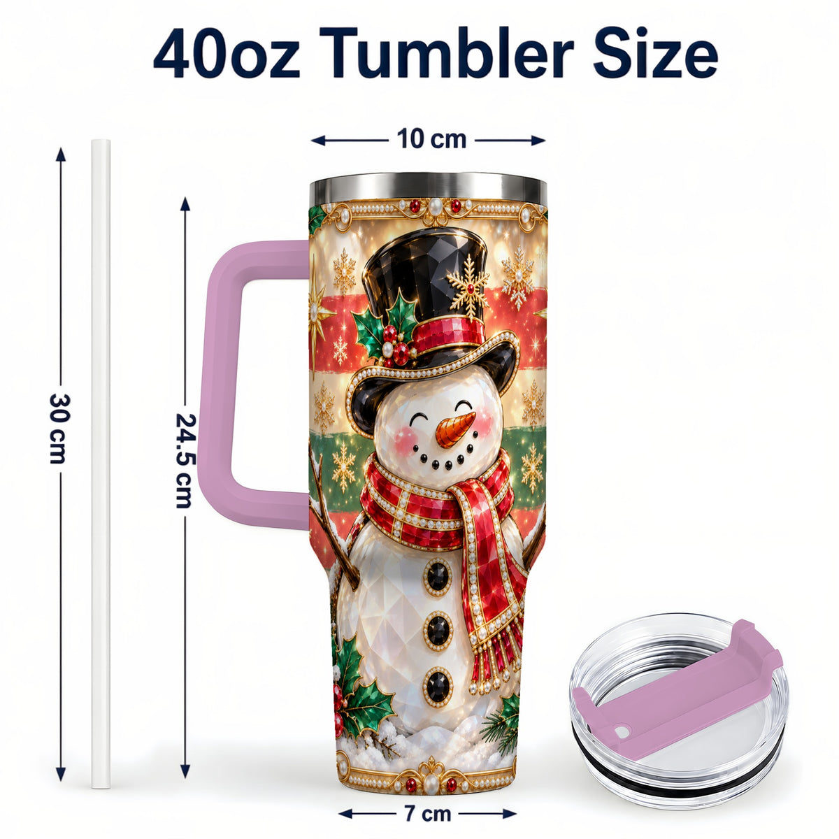 #pl[40oz|Pink] Top Hat Snowman 40oz Tumbler with Handle, Winter Stainless Steel Cup