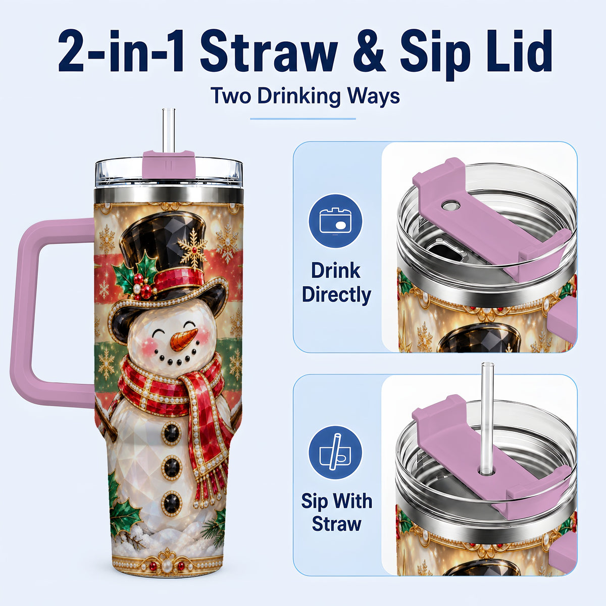 #pl[40oz|Pink] Top Hat Snowman 40oz Tumbler with Handle, Winter Stainless Steel Cup