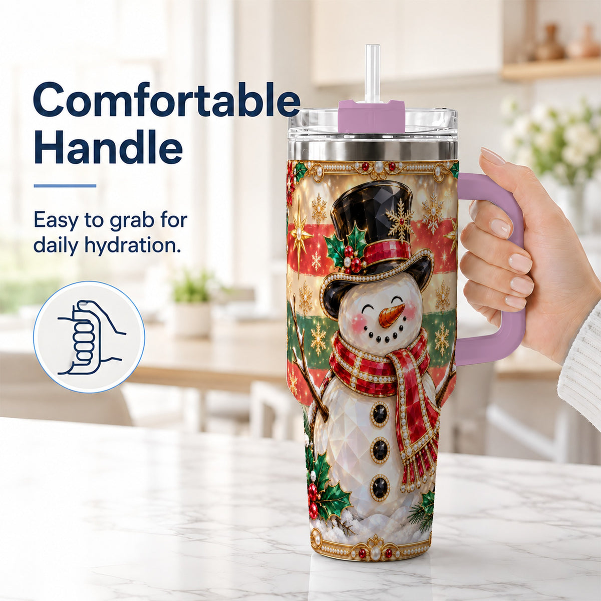 #pl[40oz|Pink] Top Hat Snowman 40oz Tumbler with Handle, Winter Stainless Steel Cup