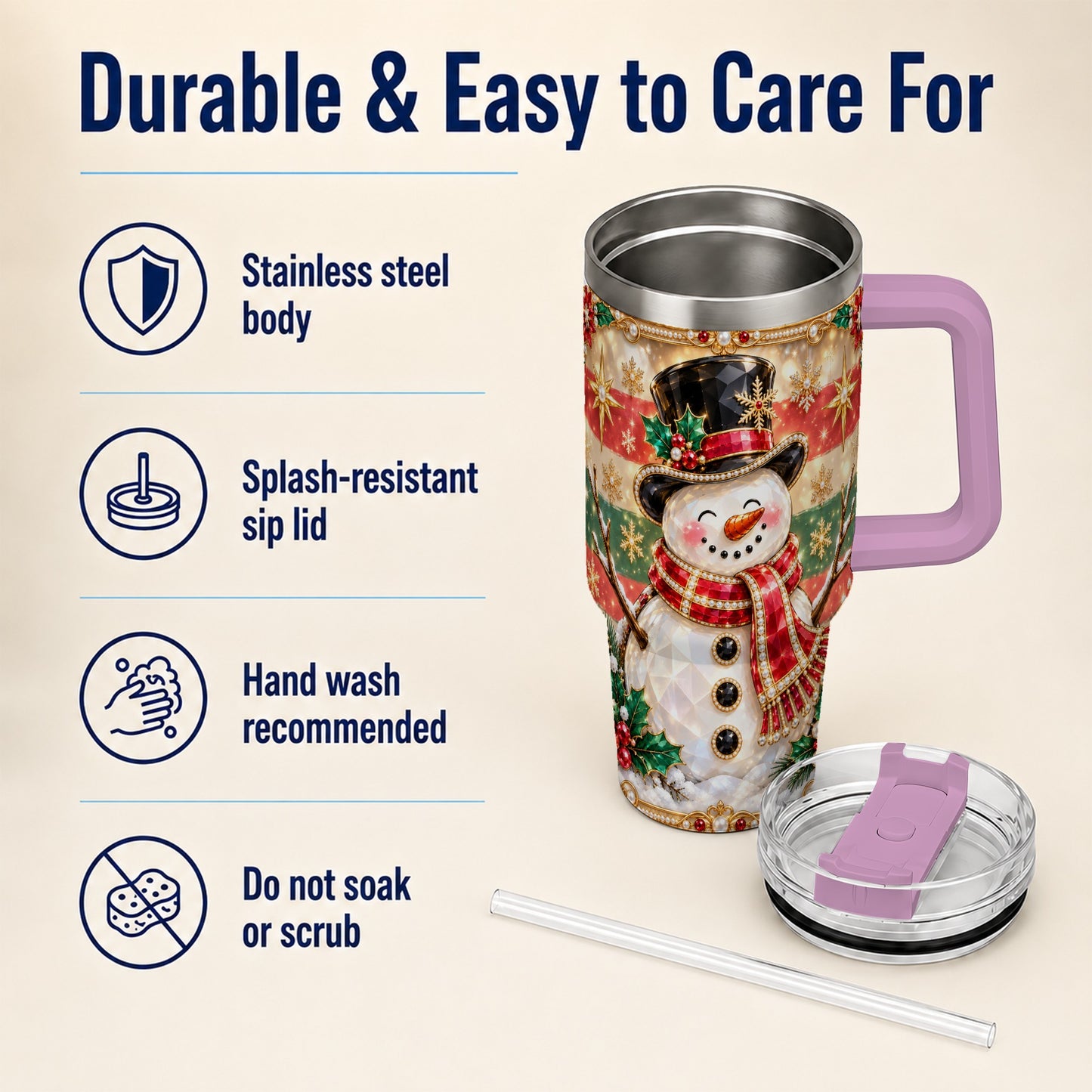 #pl[40oz|Pink] Top Hat Snowman 40oz Tumbler with Handle, Winter Stainless Steel Cup