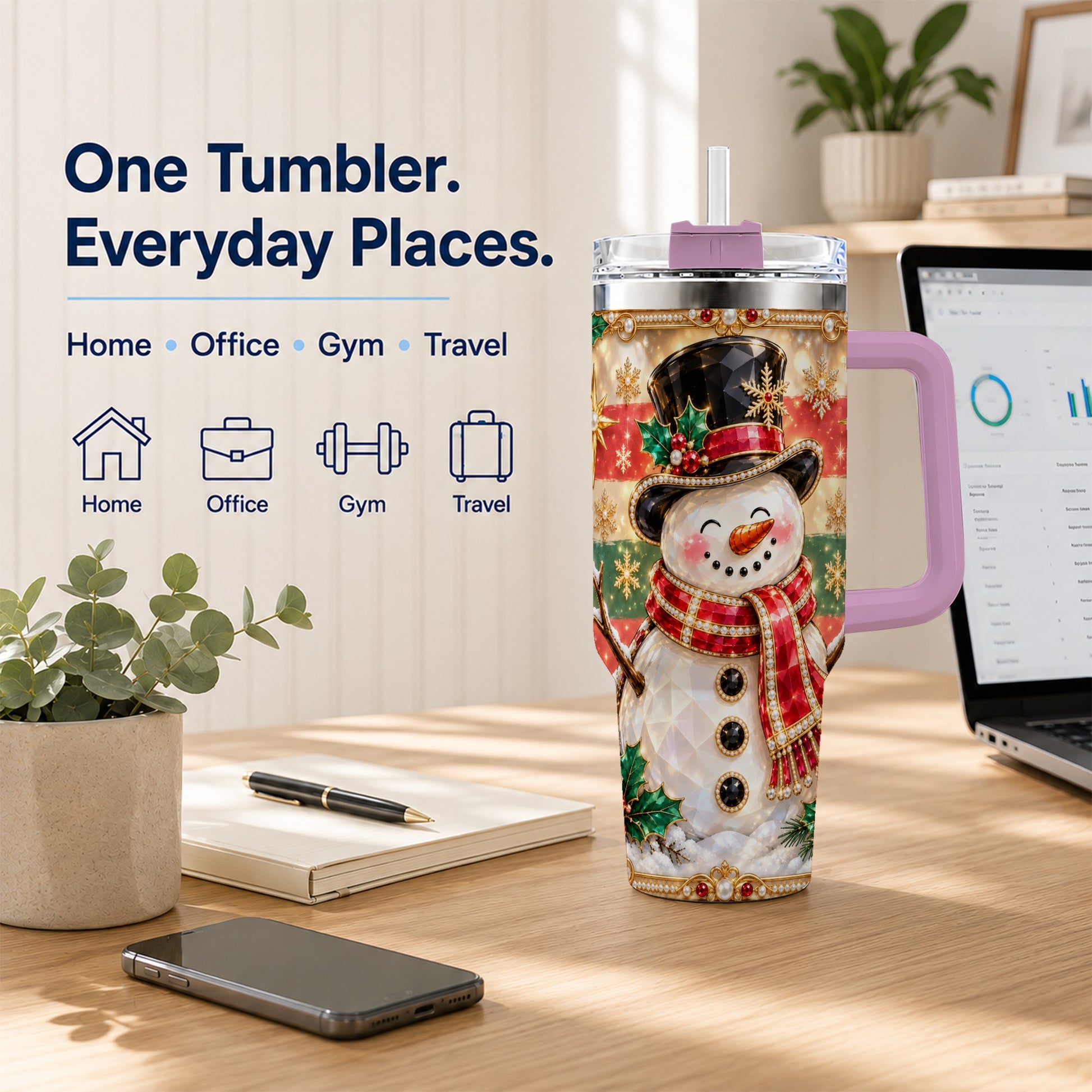 #pl[40oz|Pink] Top Hat Snowman 40oz Tumbler with Handle, Winter Stainless Steel Cup