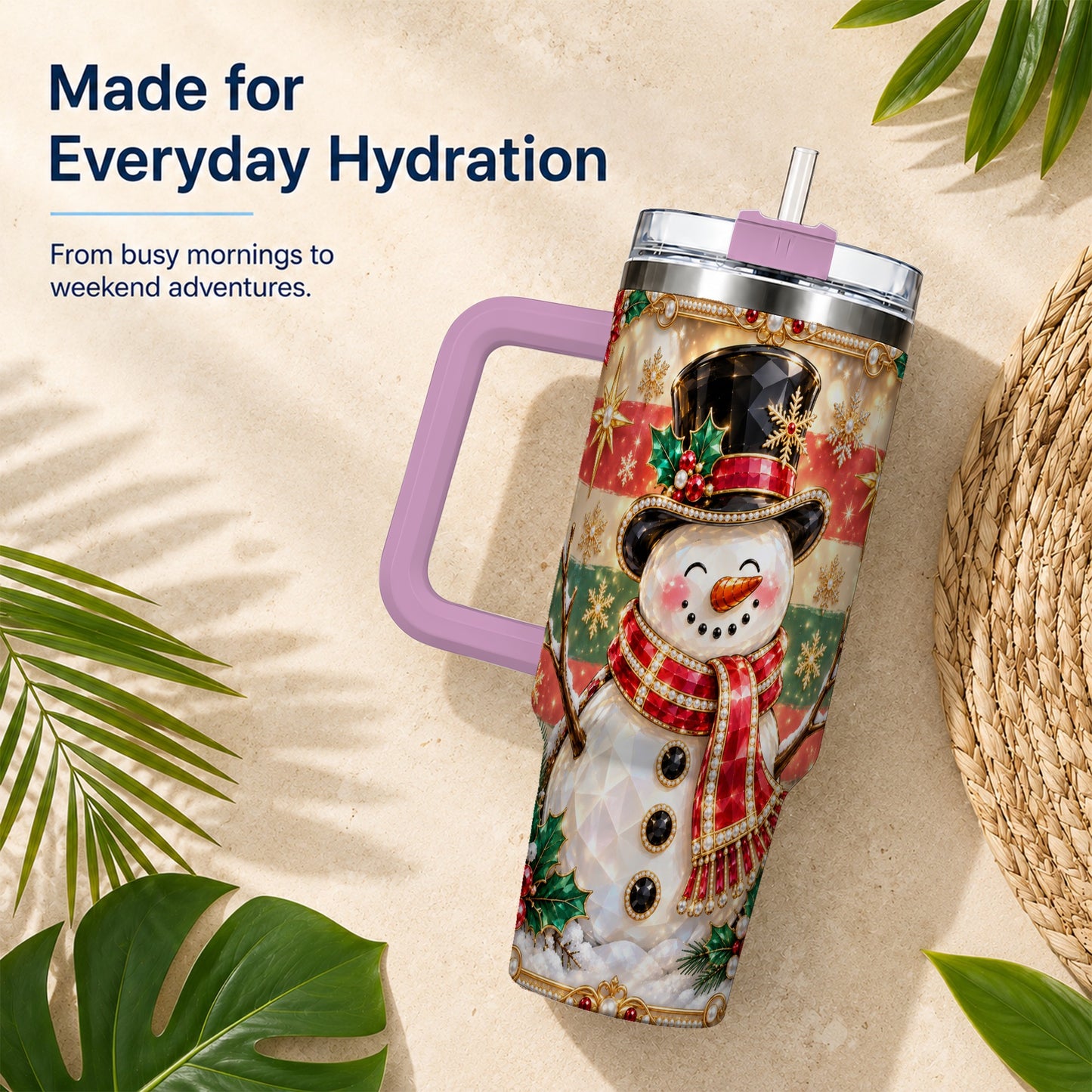 #pl[40oz|Pink] Top Hat Snowman 40oz Tumbler with Handle, Winter Stainless Steel Cup