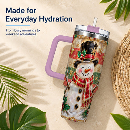 #pl[40oz|Pink] Top Hat Snowman 40oz Tumbler with Handle, Winter Stainless Steel Cup