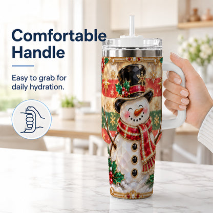 #pl[40oz|White] Top Hat Snowman 40oz Tumbler with Handle, Winter Stainless Steel Cup
