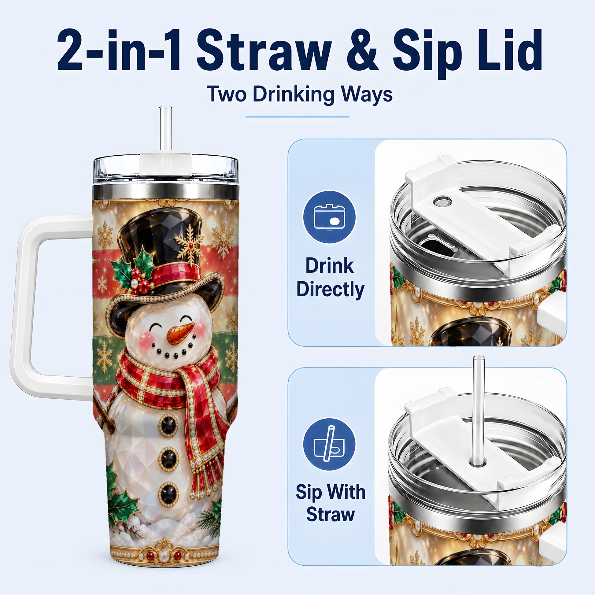 #pl[40oz|White] Top Hat Snowman 40oz Tumbler with Handle, Winter Stainless Steel Cup