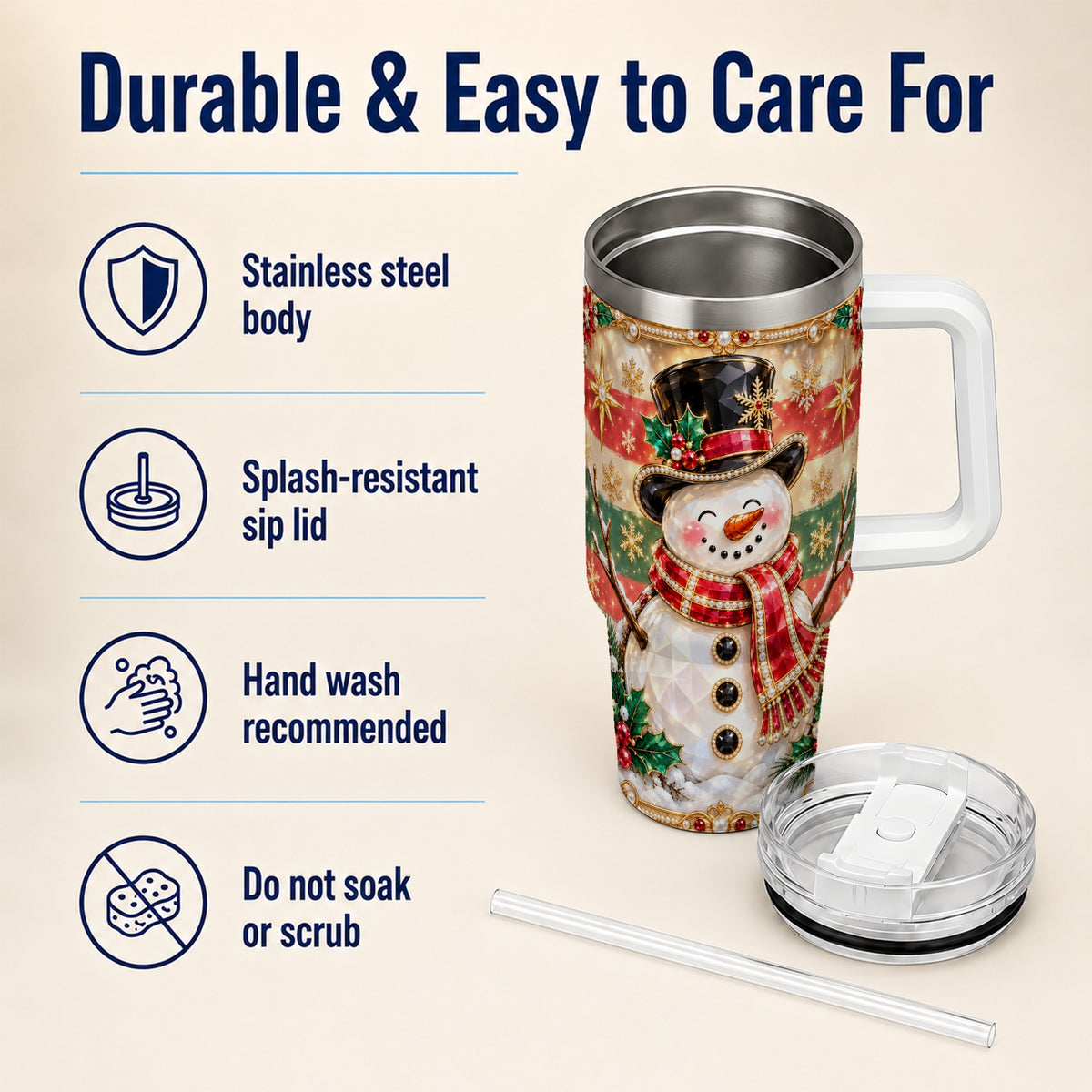 #pl[40oz|White] Top Hat Snowman 40oz Tumbler with Handle, Winter Stainless Steel Cup
