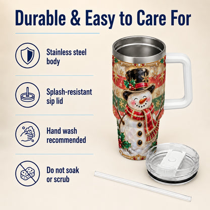 #pl[40oz|White] Top Hat Snowman 40oz Tumbler with Handle, Winter Stainless Steel Cup