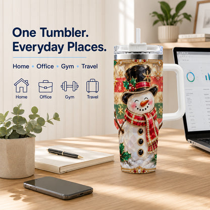 #pl[40oz|White] Top Hat Snowman 40oz Tumbler with Handle, Winter Stainless Steel Cup