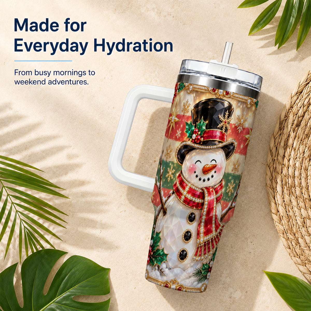 #pl[40oz|White] Top Hat Snowman 40oz Tumbler with Handle, Winter Stainless Steel Cup