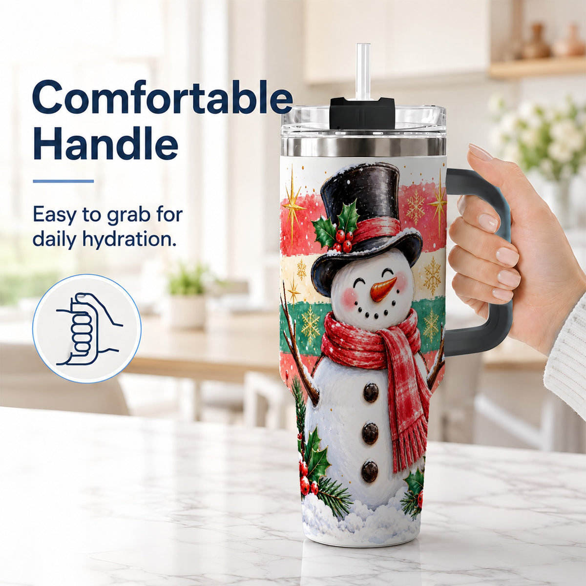 #pl[40oz|Black] Top Hat Snowman 40oz Tumbler with Handle, Winter Stainless Steel Cup