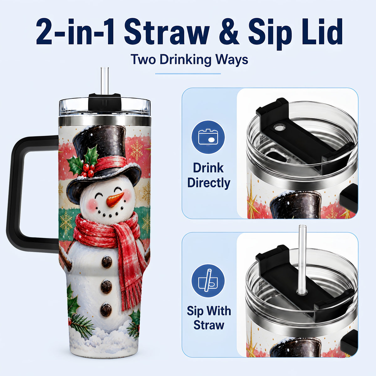 #pl[40oz|Black] Top Hat Snowman 40oz Tumbler with Handle, Winter Stainless Steel Cup