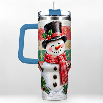 #pl[40oz|Blue] Top Hat Snowman 40oz Tumbler with Handle, Winter Stainless Steel Cup