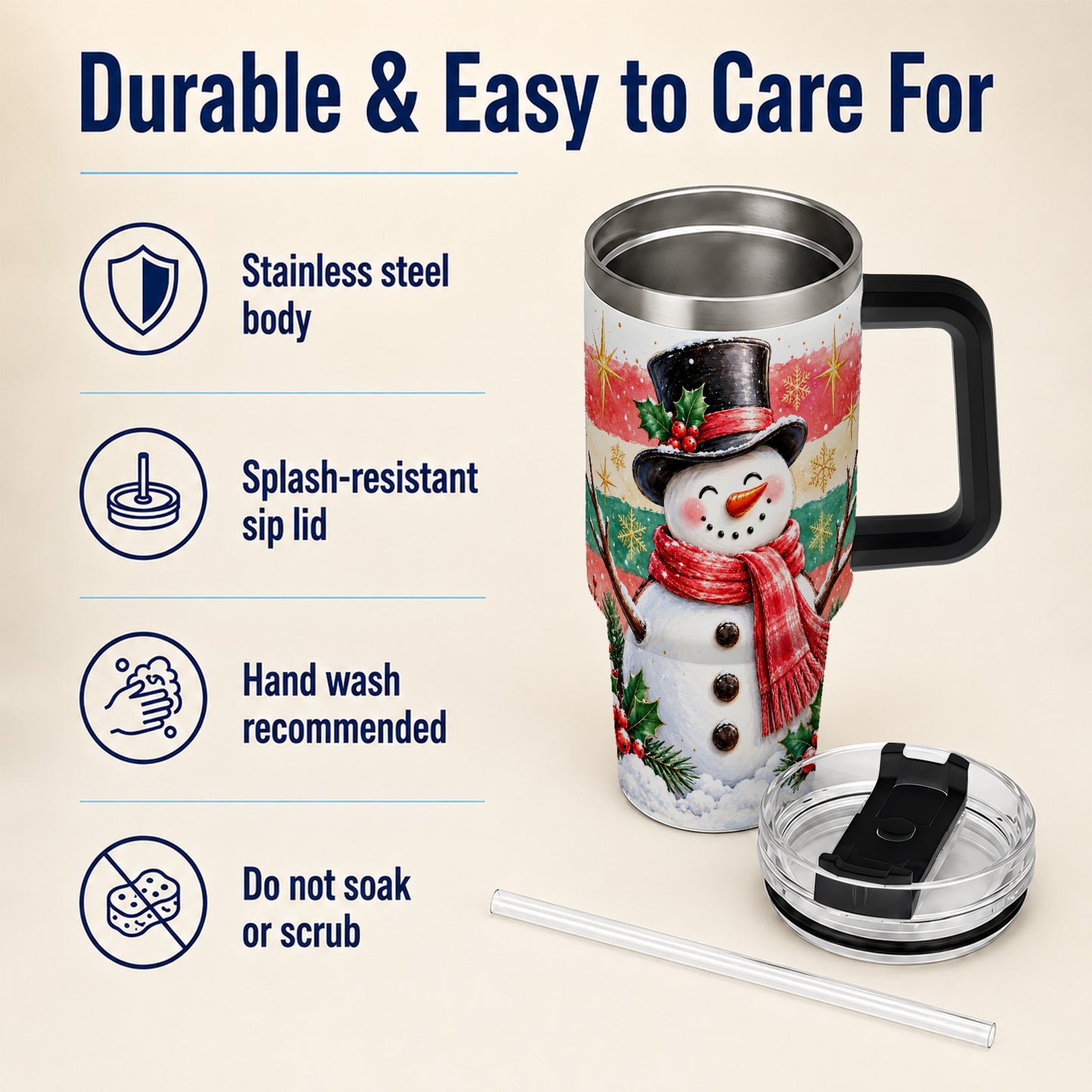 #pl[40oz|Black] Top Hat Snowman 40oz Tumbler with Handle, Winter Stainless Steel Cup