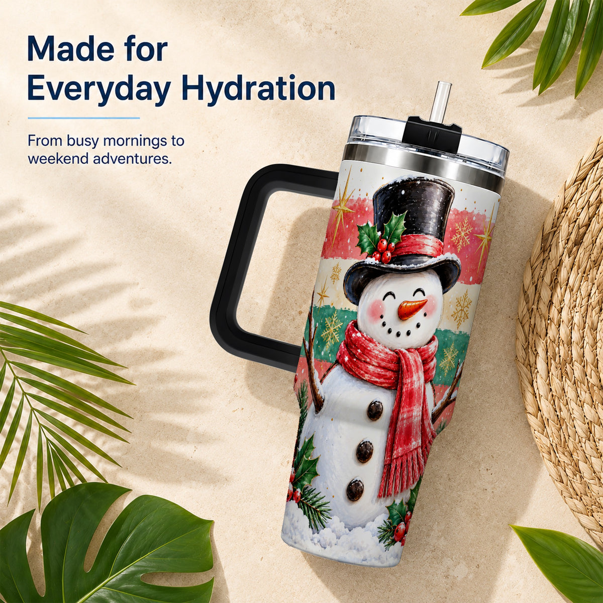 #pl[40oz|Black] Top Hat Snowman 40oz Tumbler with Handle, Winter Stainless Steel Cup