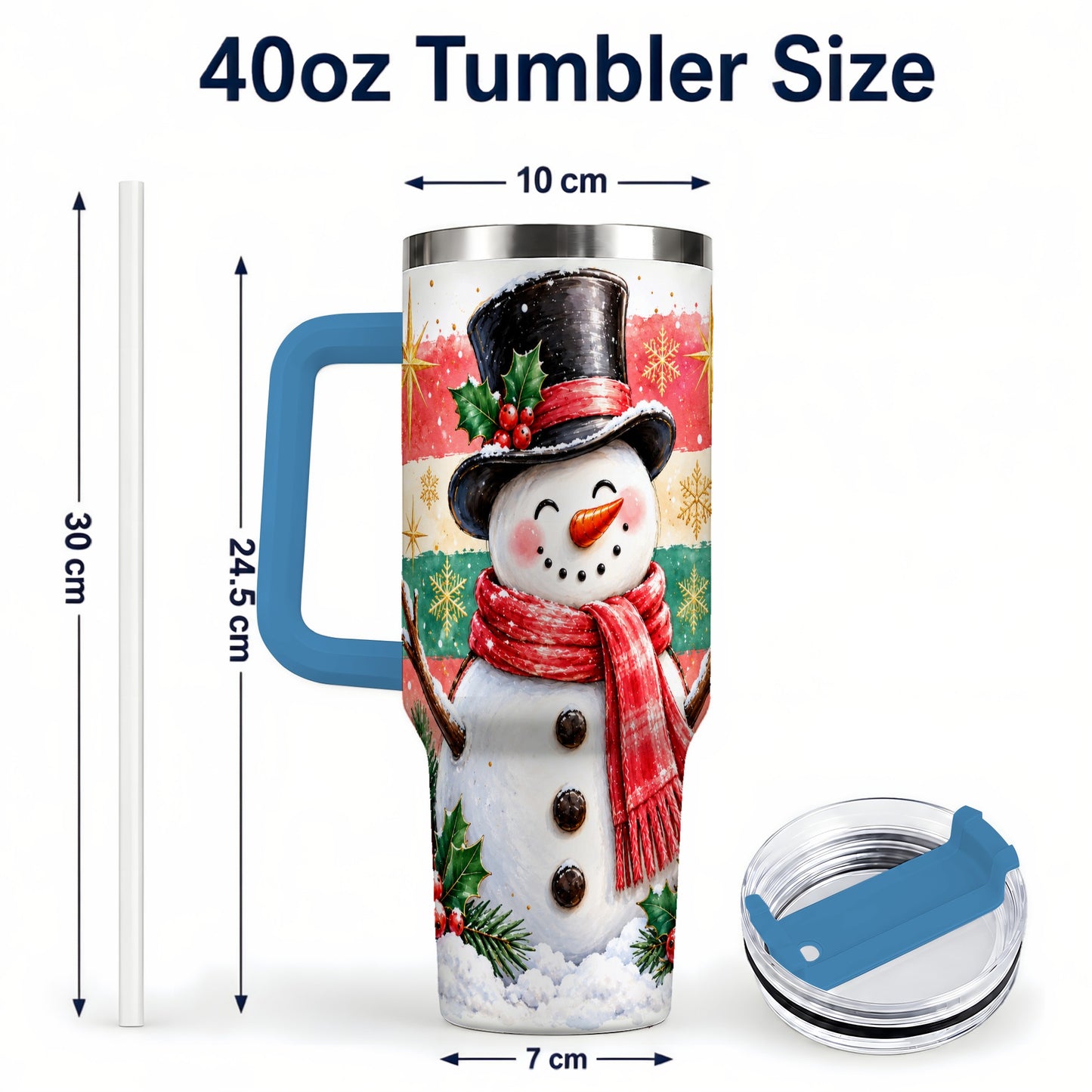 #pl[40oz|Blue] Top Hat Snowman 40oz Tumbler with Handle, Winter Stainless Steel Cup