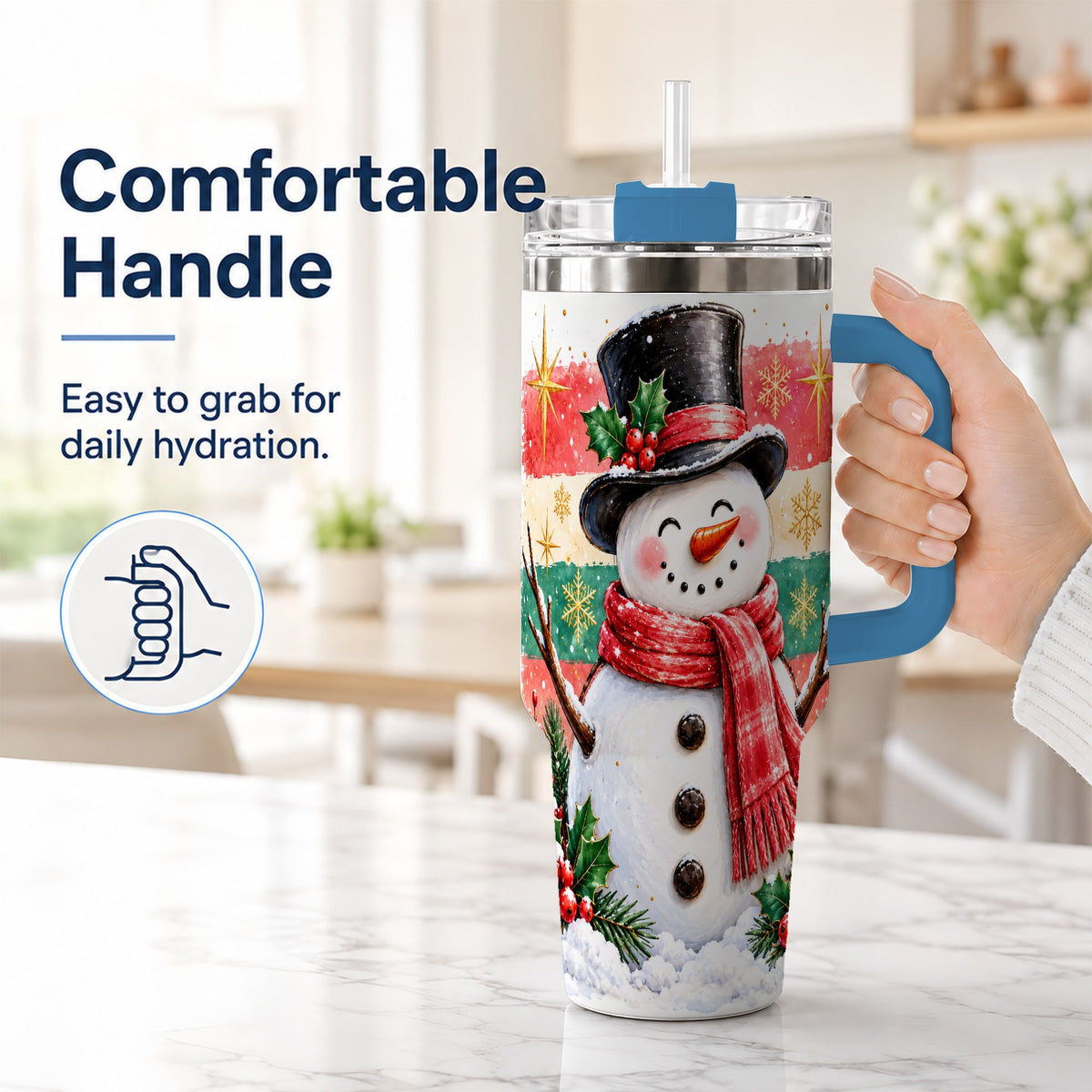 #pl[40oz|Blue] Top Hat Snowman 40oz Tumbler with Handle, Winter Stainless Steel Cup