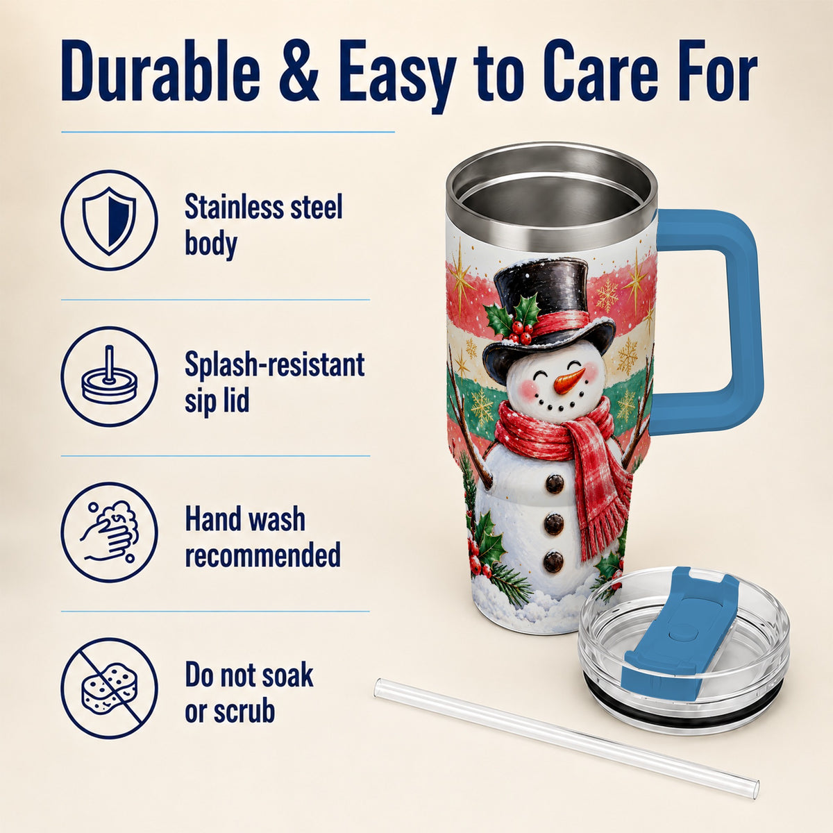 #pl[40oz|Blue] Top Hat Snowman 40oz Tumbler with Handle, Winter Stainless Steel Cup