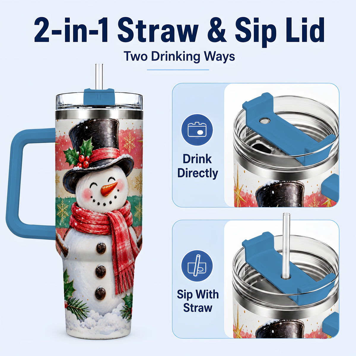 #pl[40oz|Blue] Top Hat Snowman 40oz Tumbler with Handle, Winter Stainless Steel Cup