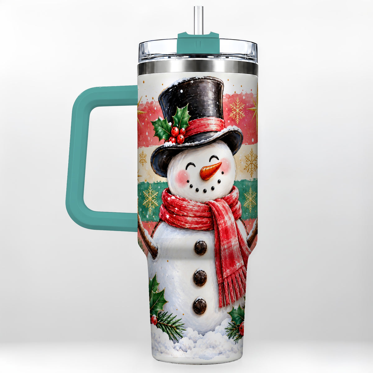#pl[40oz|Green] Top Hat Snowman 40oz Tumbler with Handle, Winter Stainless Steel Cup