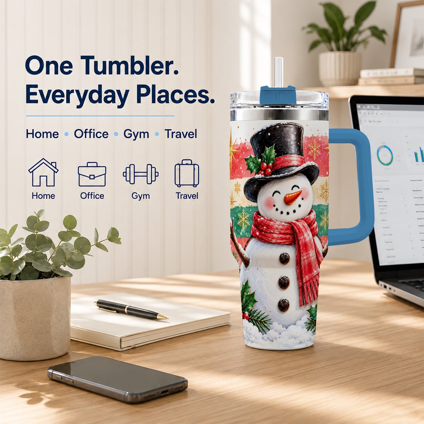 #pl[40oz|Blue] Top Hat Snowman 40oz Tumbler with Handle, Winter Stainless Steel Cup