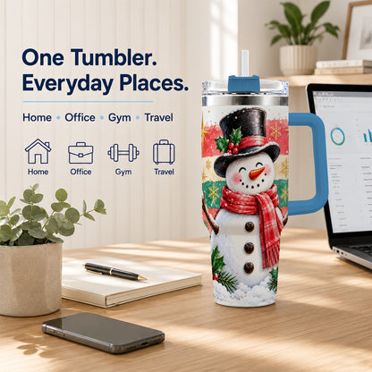 #pl[40oz|Blue] Top Hat Snowman 40oz Tumbler with Handle, Winter Stainless Steel Cup