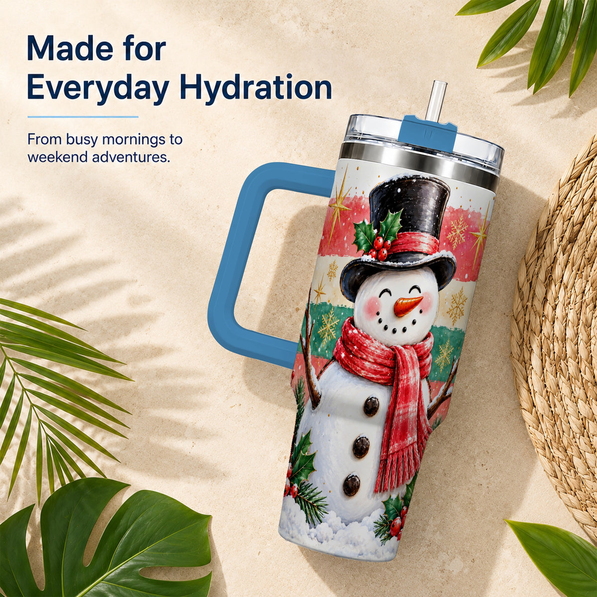 #pl[40oz|Blue] Top Hat Snowman 40oz Tumbler with Handle, Winter Stainless Steel Cup