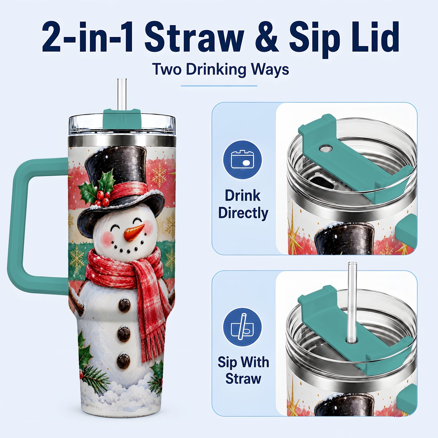 #pl[40oz|Green] Top Hat Snowman 40oz Tumbler with Handle, Winter Stainless Steel Cup