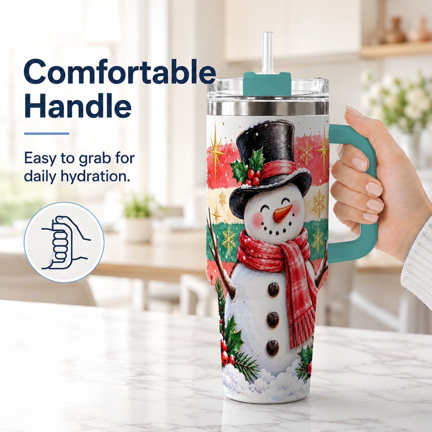 #pl[40oz|Green] Top Hat Snowman 40oz Tumbler with Handle, Winter Stainless Steel Cup