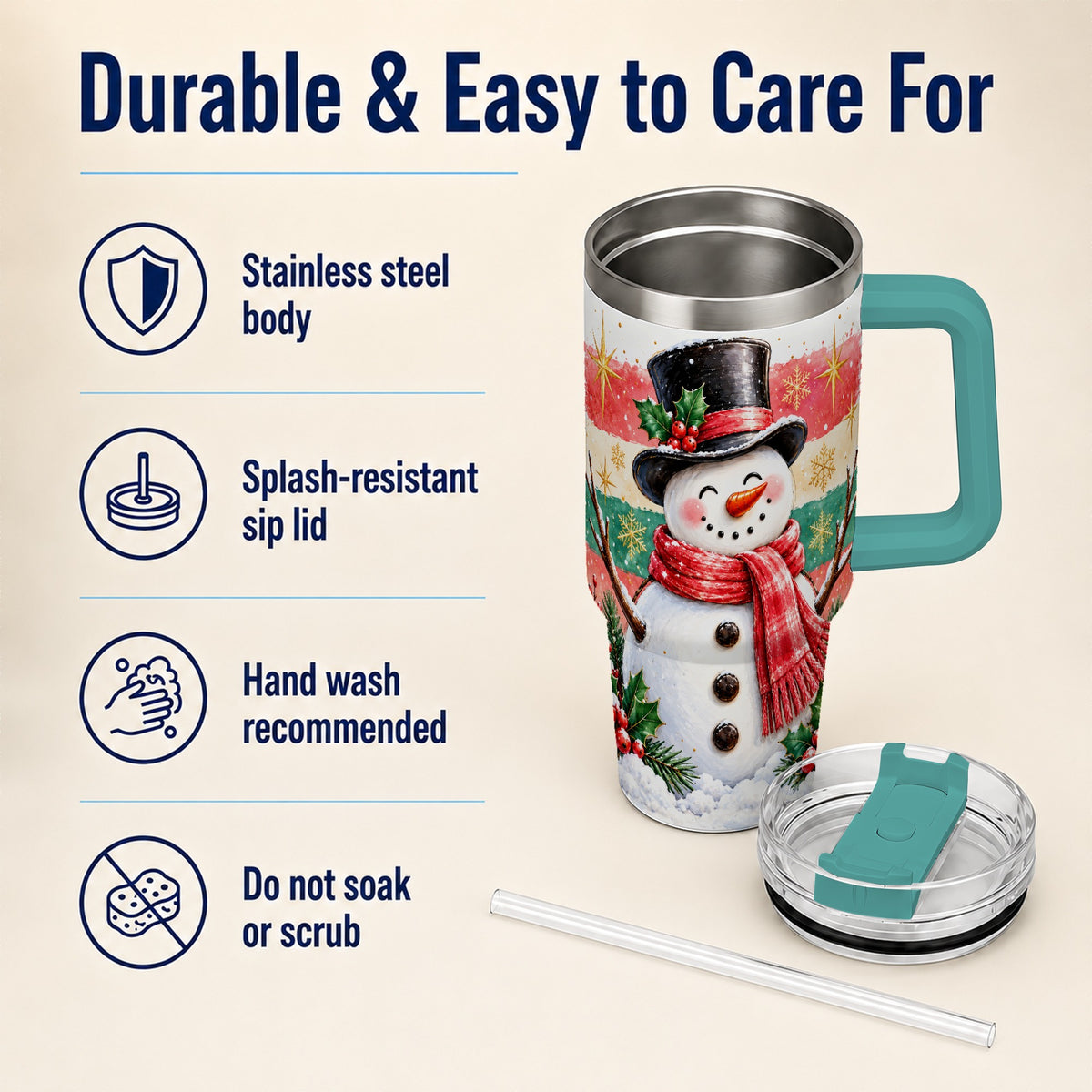 #pl[40oz|Green] Top Hat Snowman 40oz Tumbler with Handle, Winter Stainless Steel Cup