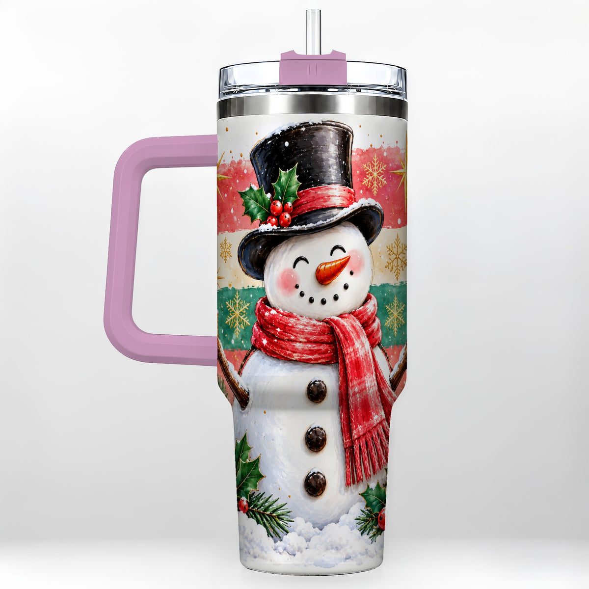 #pl[40oz|Pink] Top Hat Snowman 40oz Tumbler with Handle, Winter Stainless Steel Cup