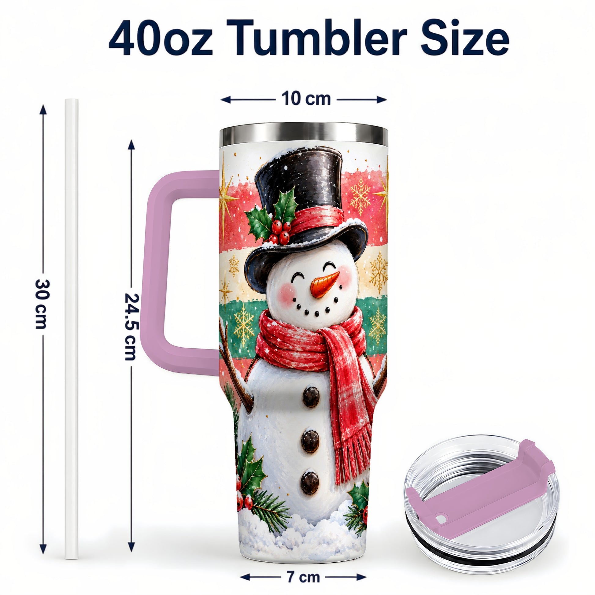 #pl[40oz|Pink] Top Hat Snowman 40oz Tumbler with Handle, Winter Stainless Steel Cup