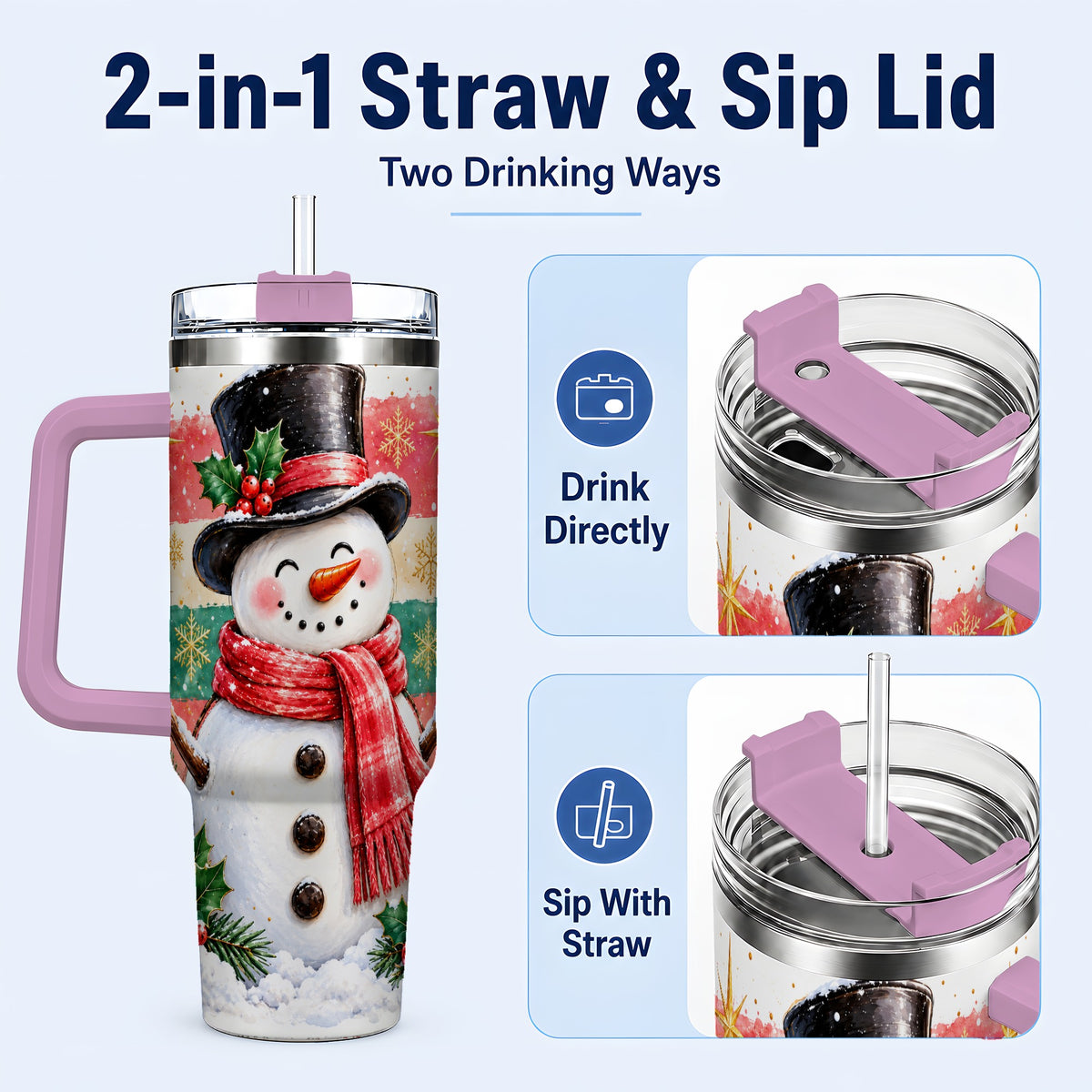 #pl[40oz|Pink] Top Hat Snowman 40oz Tumbler with Handle, Winter Stainless Steel Cup