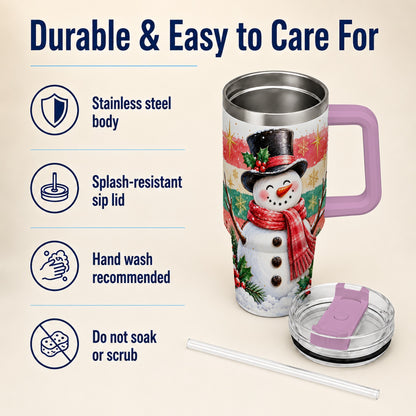 #pl[40oz|Pink] Top Hat Snowman 40oz Tumbler with Handle, Winter Stainless Steel Cup