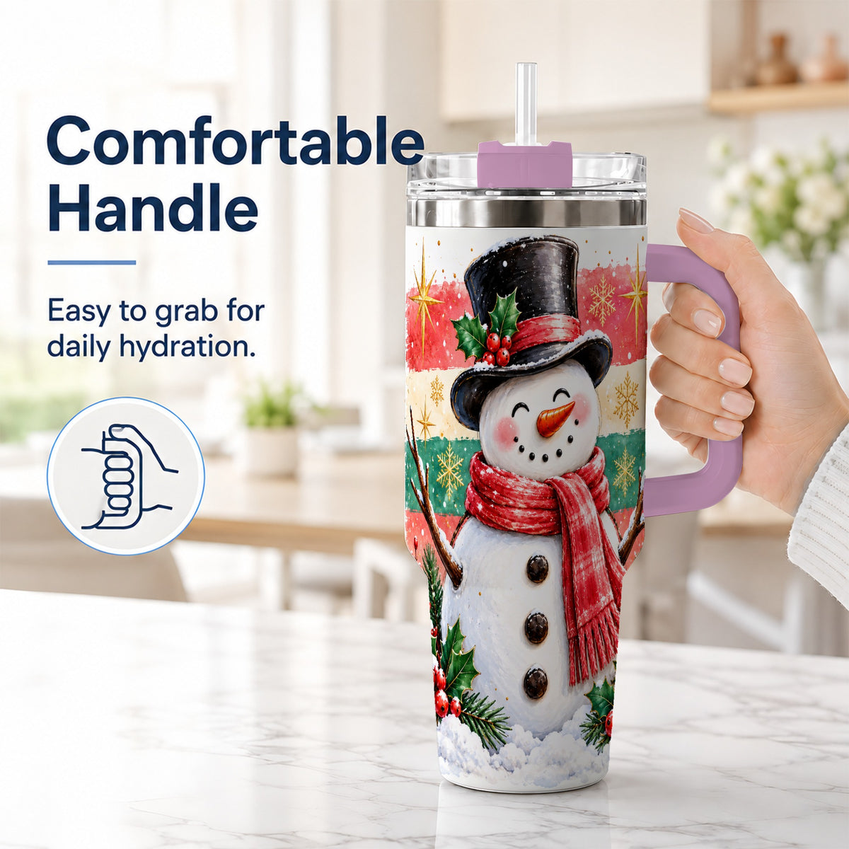#pl[40oz|Pink] Top Hat Snowman 40oz Tumbler with Handle, Winter Stainless Steel Cup