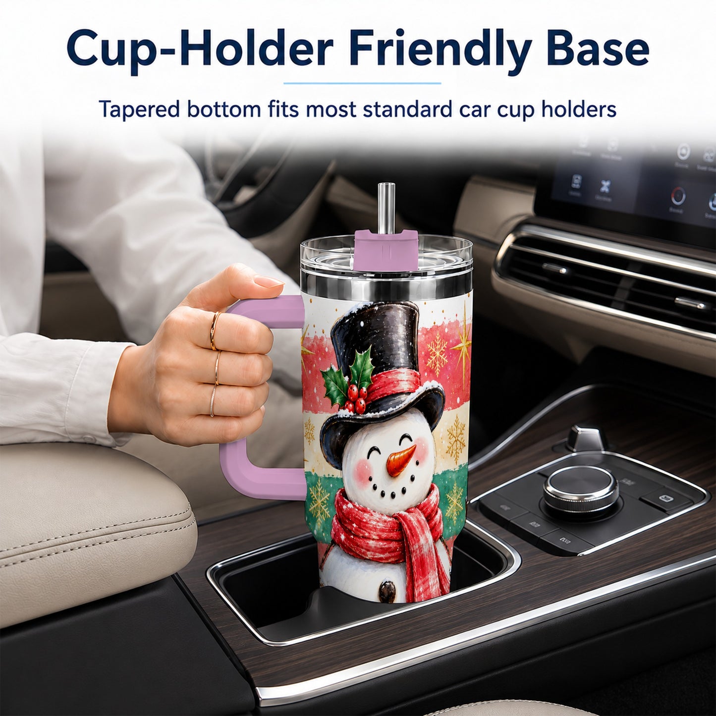 #pl[40oz|Pink] Top Hat Snowman 40oz Tumbler with Handle, Winter Stainless Steel Cup
