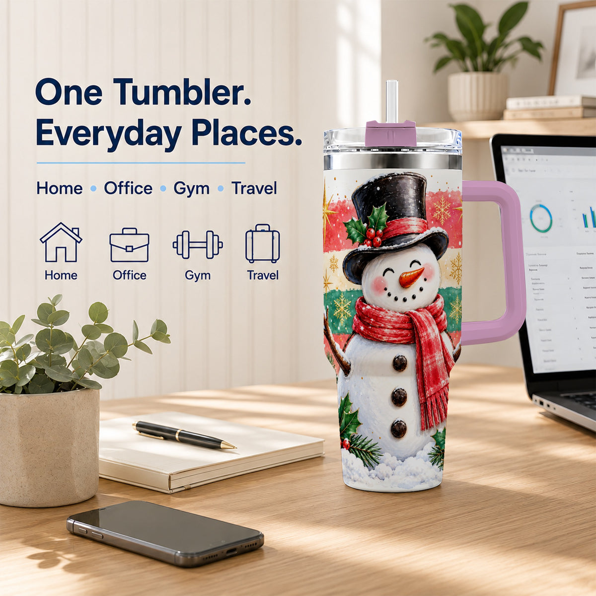 #pl[40oz|Pink] Top Hat Snowman 40oz Tumbler with Handle, Winter Stainless Steel Cup