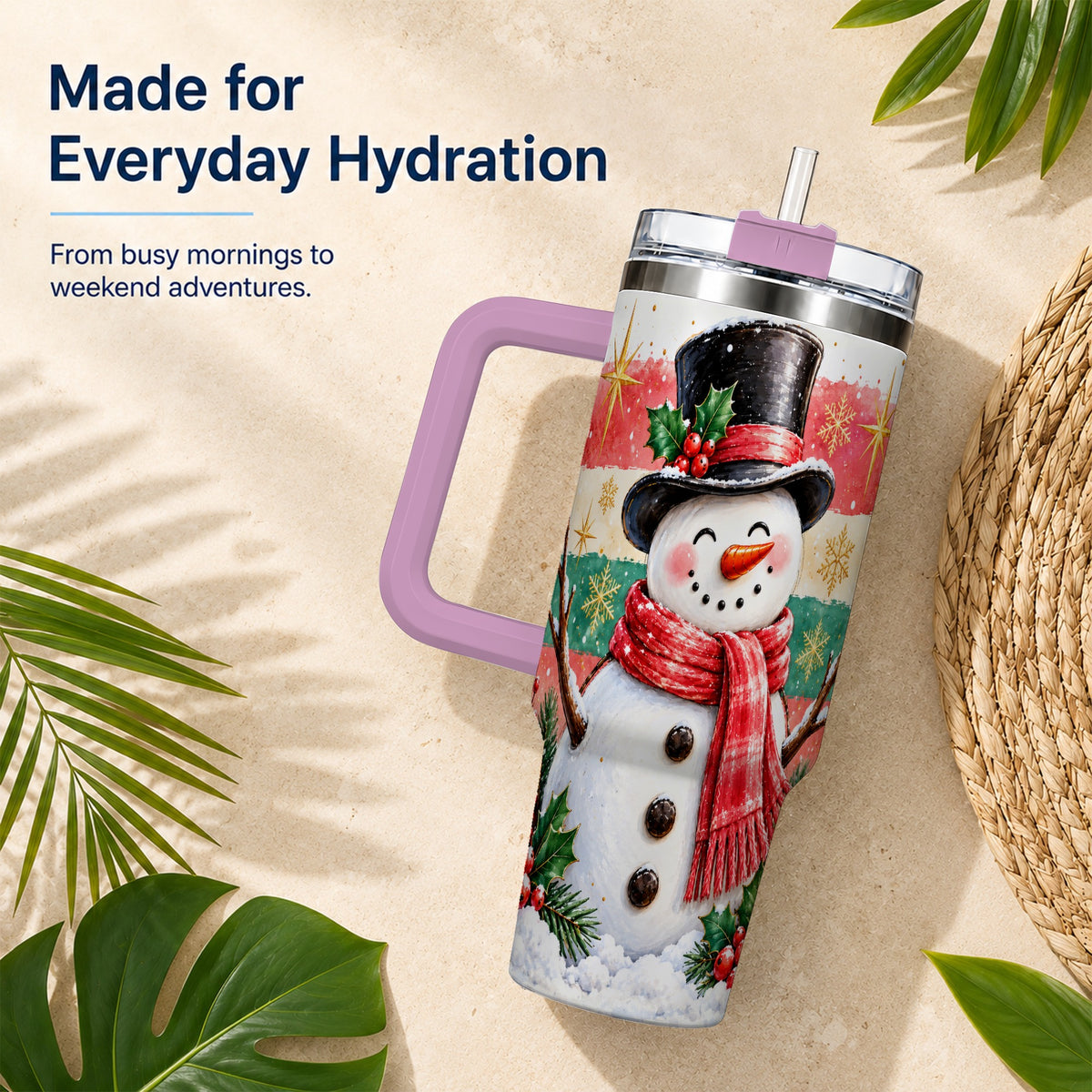 #pl[40oz|Pink] Top Hat Snowman 40oz Tumbler with Handle, Winter Stainless Steel Cup