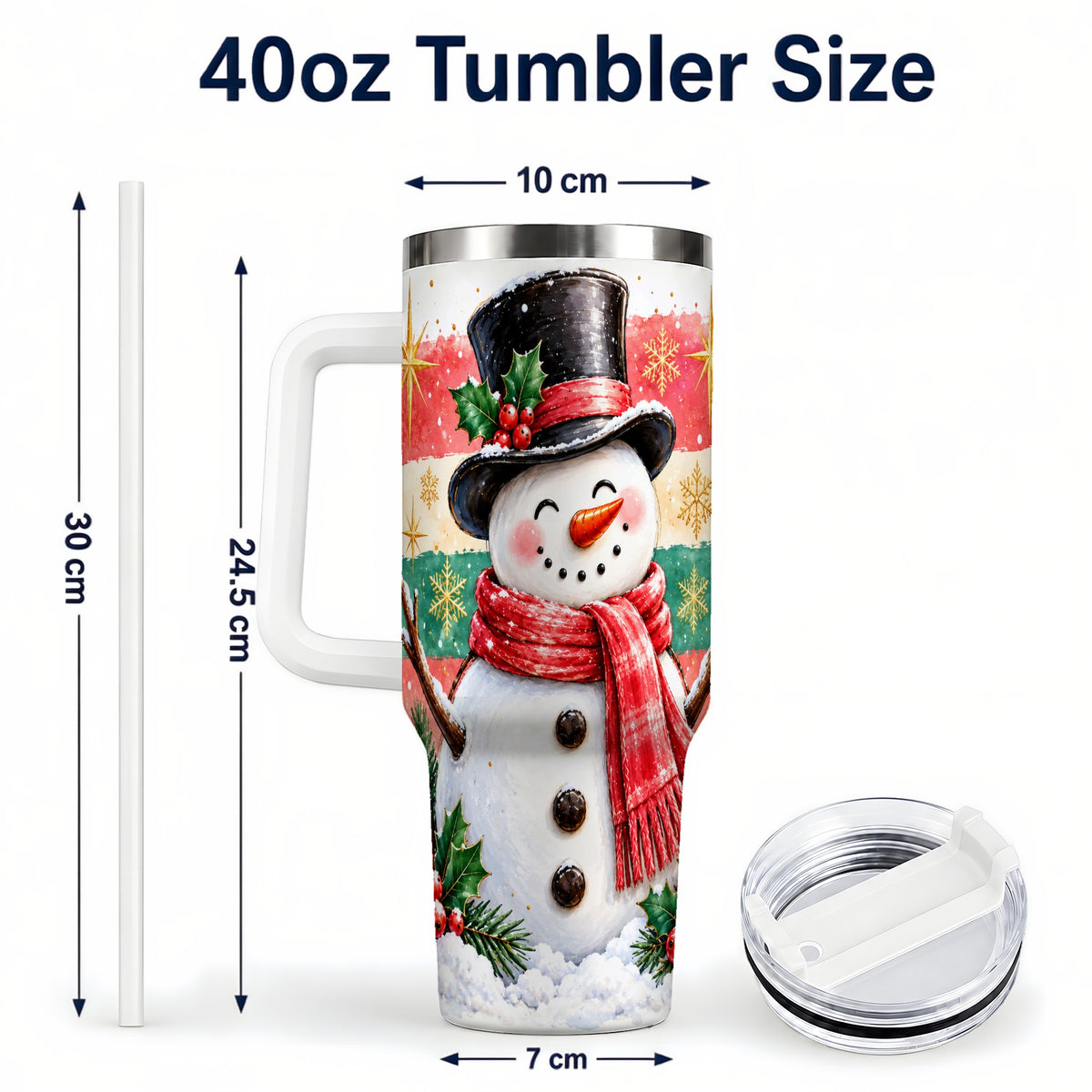#pl[40oz|White] Top Hat Snowman 40oz Tumbler with Handle, Winter Stainless Steel Cup