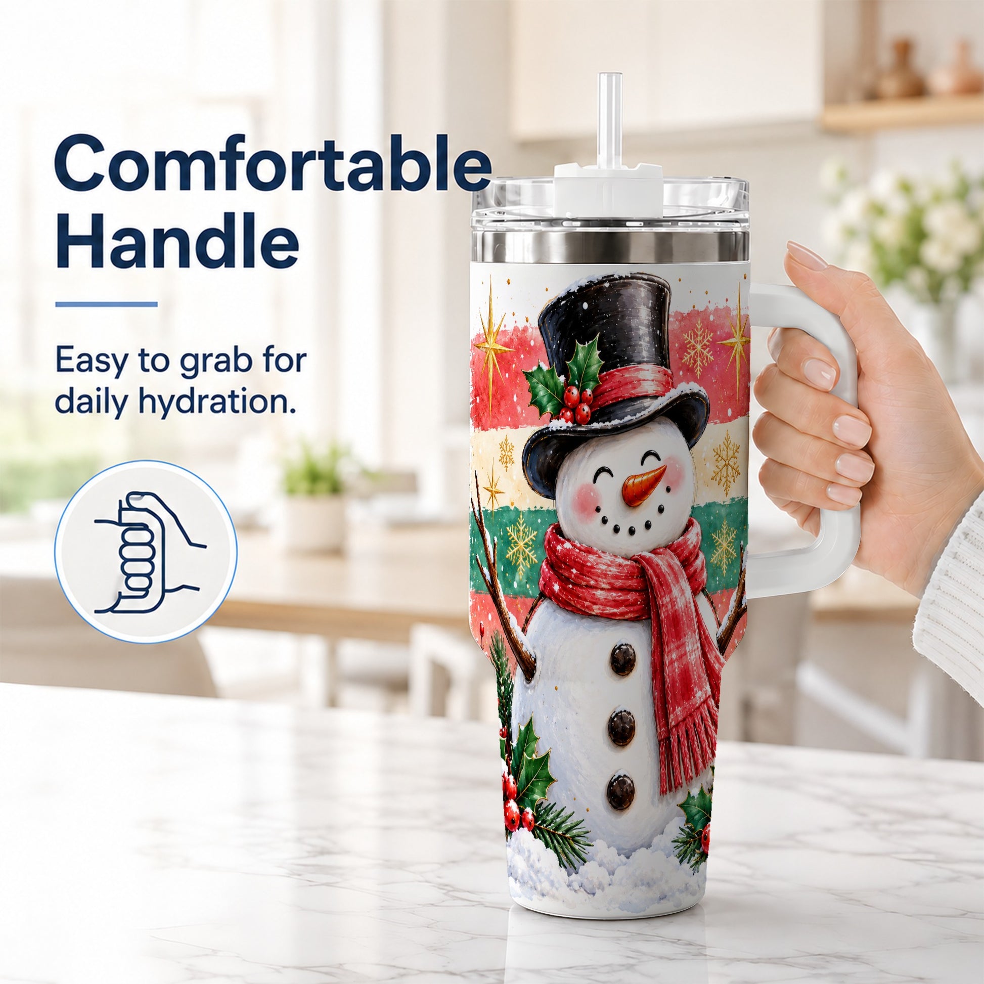 #pl[40oz|White] Top Hat Snowman 40oz Tumbler with Handle, Winter Stainless Steel Cup