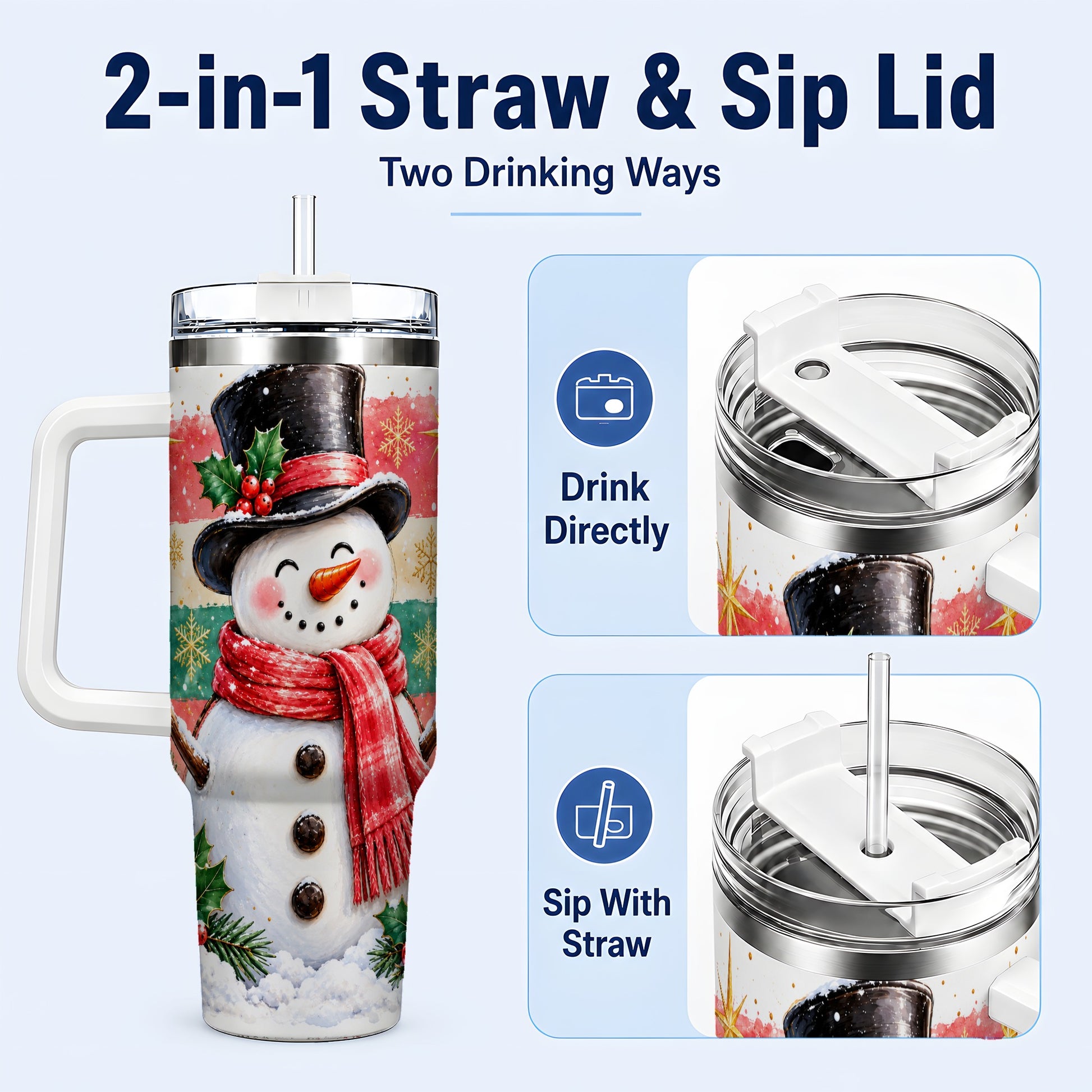 #pl[40oz|White] Top Hat Snowman 40oz Tumbler with Handle, Winter Stainless Steel Cup