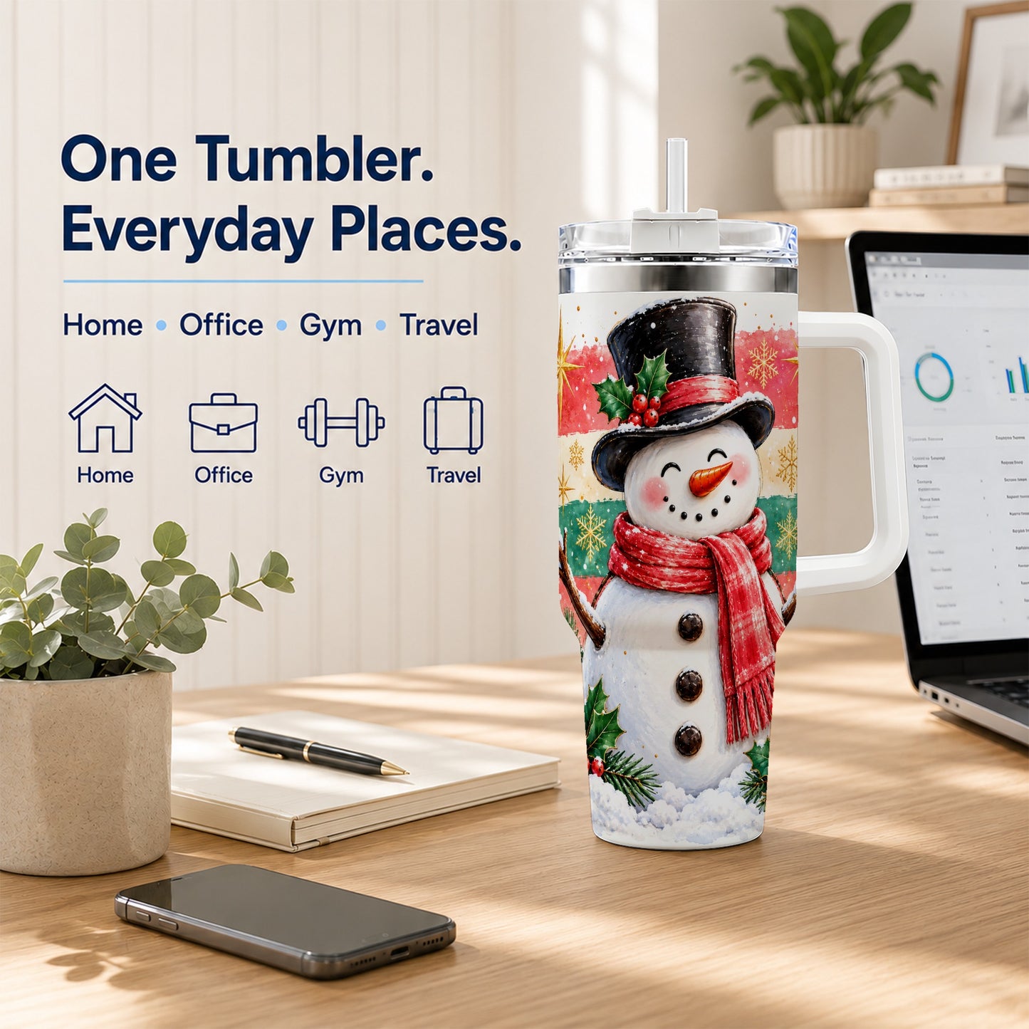 #pl[40oz|White] Top Hat Snowman 40oz Tumbler with Handle, Winter Stainless Steel Cup