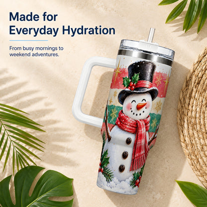 #pl[40oz|White] Top Hat Snowman 40oz Tumbler with Handle, Winter Stainless Steel Cup