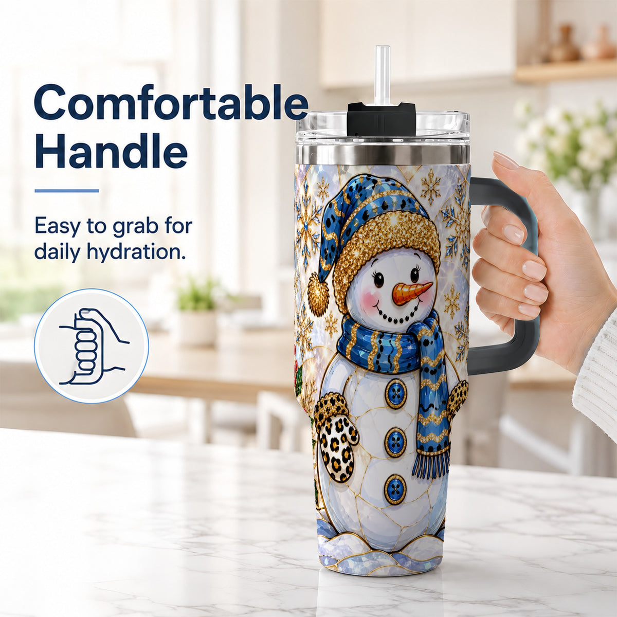 #pl[40oz|Black] Blue Gold Snowman 40oz Tumbler with Handle, Winter Stainless Steel Cup