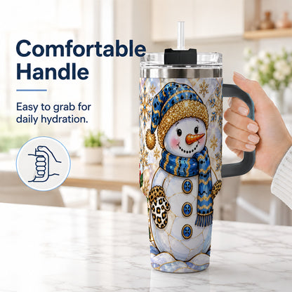#pl[40oz|Black] Blue Gold Snowman 40oz Tumbler with Handle, Winter Stainless Steel Cup