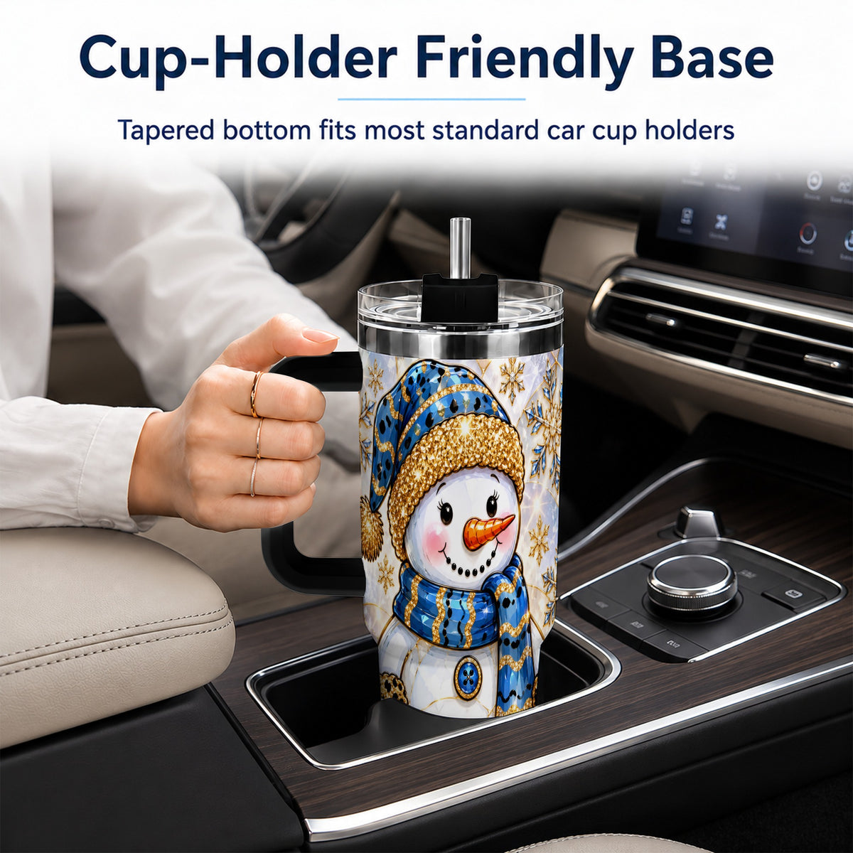 #pl[40oz|Black] Blue Gold Snowman 40oz Tumbler with Handle, Winter Stainless Steel Cup