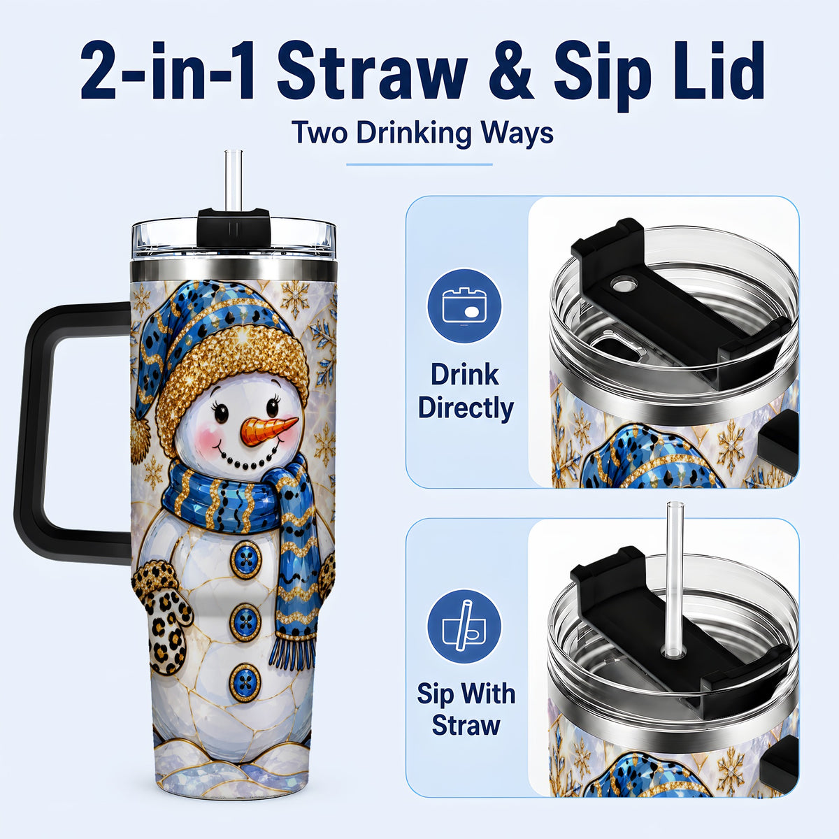 #pl[40oz|Black] Blue Gold Snowman 40oz Tumbler with Handle, Winter Stainless Steel Cup