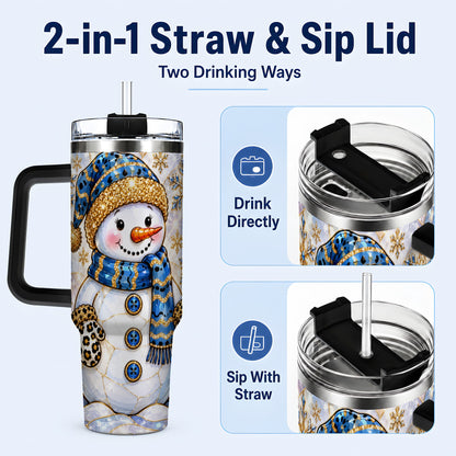 #pl[40oz|Black] Blue Gold Snowman 40oz Tumbler with Handle, Winter Stainless Steel Cup